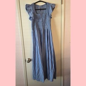 Blue Striped Maxi Dress with Ruffle Sleeves
